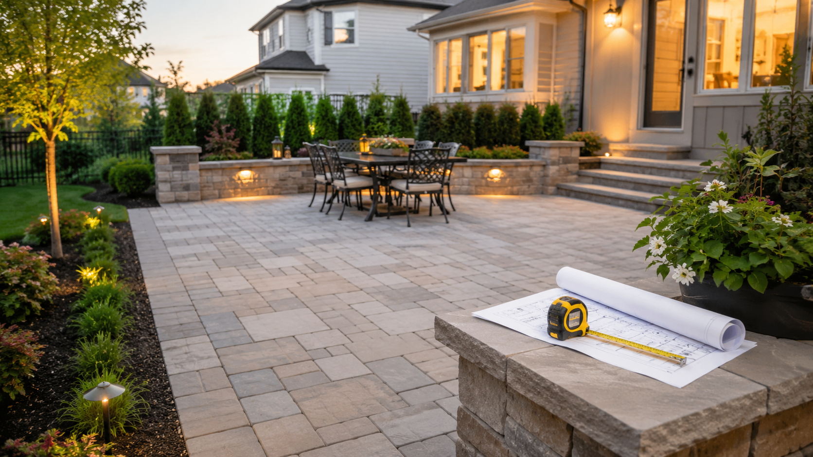 Custom paver patio with outdoor dining area and built-in fire feature beside a modern home.