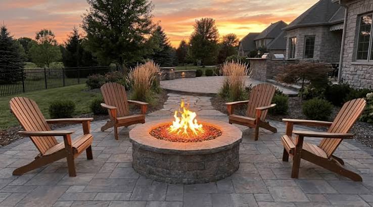 Stone fire pit patio with Adirondack chairs, landscaped backyard, and sunset view behind the home